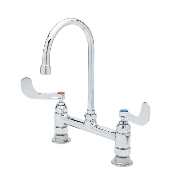 T&S Brass B-0323-04 Medical Faucet, Deck Mount, 8" Centers, Rigid Gooseneck, 4" Wrist Action Handles