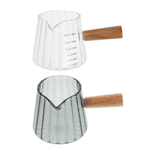 WEKADRIN 2pezzi Bricco per Schiumare Latte in Vetro Trasparente con Manico in Legno Tazzine da caffè Espresso con Misurino Graduato Caraffa Carina per Lattiera