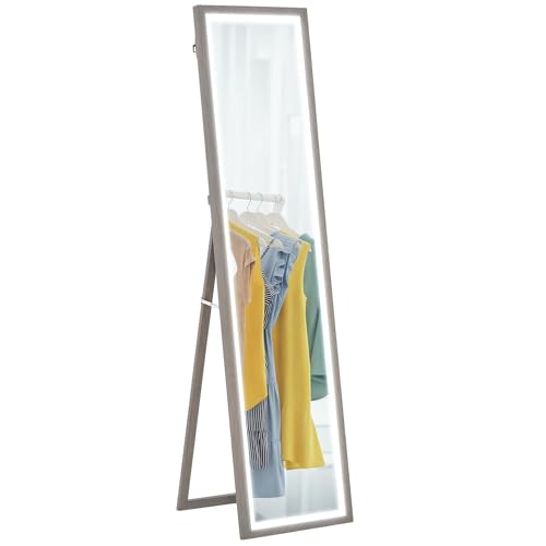 HOMCOM Espejo de Cuerpo Entero con Luz LED 160x40 cm Espejo de Pie Espejo de Pared con Iluminación de 3 Colores Táctil Inteligente Función de Memoria y Soporte para Salón Dormitorio Gris