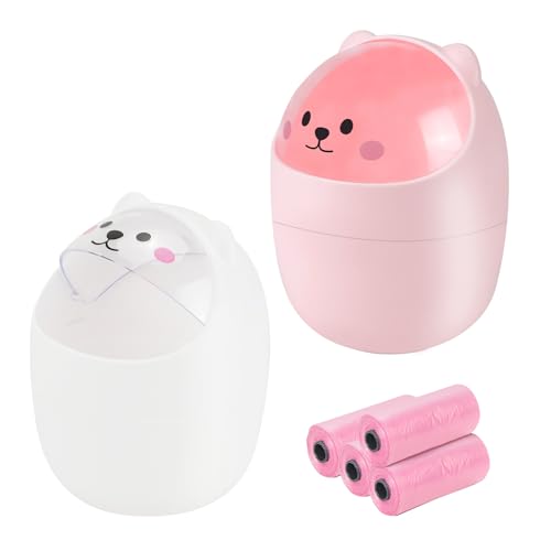 2 unidades de pequeña caneca de basura con tapa, blanco y rosa