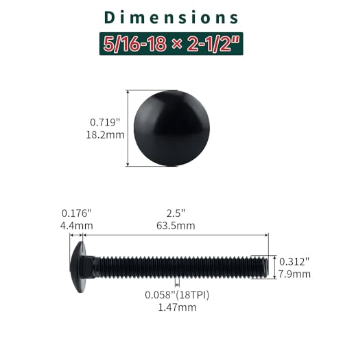 Image of 5 /16-18 x 2-1 /2 inch Black Carriage Bolts with Nuts and Washers Kits (10 Sets), 304 Stainless Steel 18 /8, Black Finish, Round Head, Square Neck, Heavy Duty Bolts, Indoor Outdoor Fastening Bolts, Fayeploo
