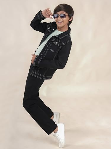 Image of KiddoPanti Boys Denim Jacket | Cotton Poly Blend with Spandex | Washed Denim, Full Sleeve | Button Closure & Front Flap Pockets | Collared Neck