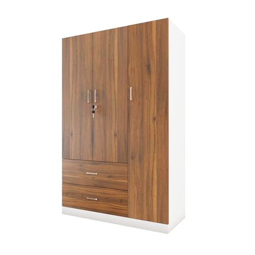 Image of VIKI Wardrobe | Wooden Almirah for Clothes,Door for Bedroom, 3 Door Wardrobe with Drawer & Hanging Space (White & Walnut - 40D x 120W x 180H) | 1 Year Warranty | Free Assembly