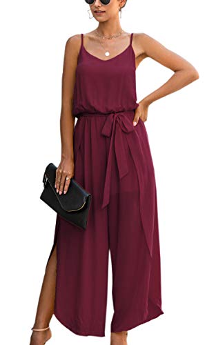 ECOWISH Womens Jumpsuit Spaghetti Strap Wide Leg Split Jumpsuits Long Overalls Summer Beach Loose Fit Rompers with Belt Wine Red XX-Large