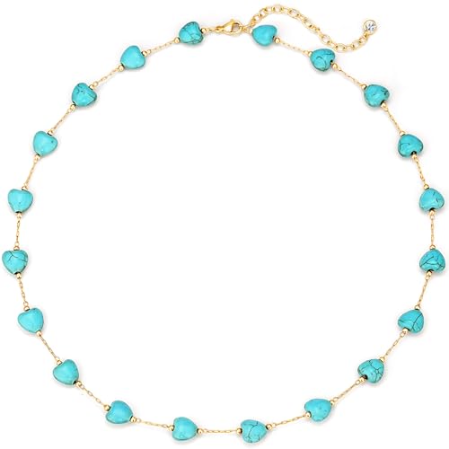 LADYGD Created Turquoise Necklace for Women 14K Gold Plated Heart Choker Boho Necklaces Handmade Beach Summer Everyday Western Jewelry Gifts