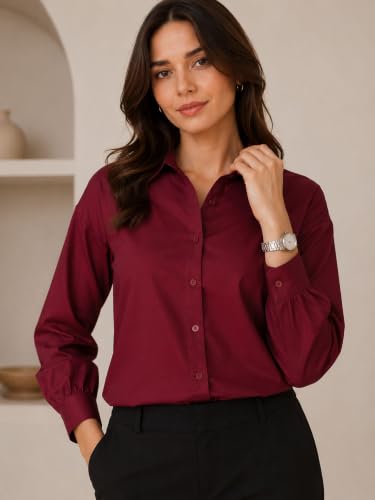 Image of OOMPH! Women's Cotton Solid Relaxed Fit Formal Shirt | Full Sleeve Drop Shoulder Button-Down Office Shirt | Spread Collar Workwear & Smart Casual Top