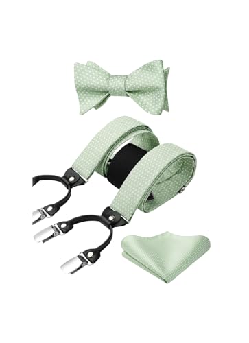 HISDERN Salbeigrün Hosenträger für Herren Paisley Y Form mit 6 starken Clips Längenverstellbar Herren Hosenträger und Fliege mit Einsteckuch