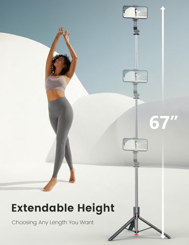 Image of Selfie Stick with Light, 45'' Selfie Stick Tripod with Wireless Remote, Portable Travel Phone Tripod Compatible with,Android Smartphone (White) (Black- 67 inch Extended Height)