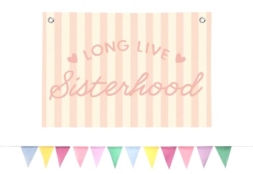 BOQTMK Preppy Long Live Sisterhood Girls Room Decor Set, Pink Striped Linen Banner Flag 30x20 Inch+Colorful Triangle Flag 4m 12Pcs, Wall Hanging Decor for Girly Nursery Toddler Playroom Bedroom Dorm