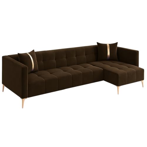 Image of FURNY Styliving 6 Seater Fabric RHS L Shape Sofa Set (Brown) with Golden Finish Legs | Durable & Comfortable | Ideal for Living Room