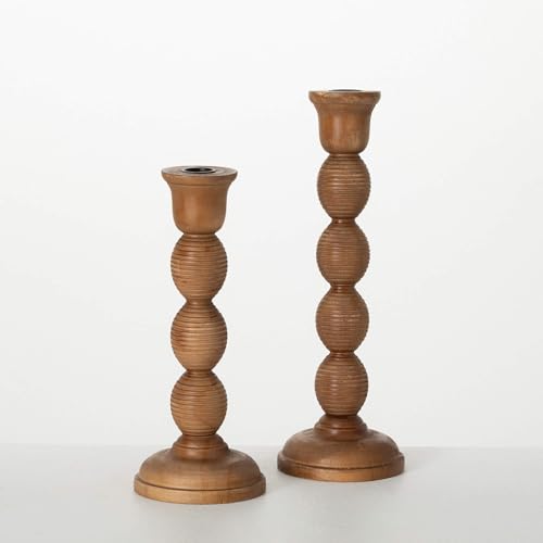 Sullivans Candle Holder, Candle Sticks Holder Decor, Carved Wood Taper Candle Holder Set of 2, 12' Rustic Farmhouse Tiered Candle Holders for Table Centerpieces, Wedding Décor Dinner Party Decorations