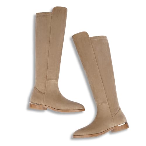 Image of Modatope Rounded Toe Flat Stretchy Dress Knee High Boots Side Zipper | Suede Elastic Fall Winter Boots, Low Chunky Block Heel Riding Boots,2026 Fashion Womens Tall Long Boots