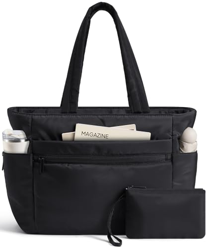TOPEAST Tote Bag for Women Lightweight Puffy Travel Gym Tote Bags 15.6 Laptop Work Bag Puffer Black Handbag Purse with Cup Holder & Compartments for Teacher Nurse
