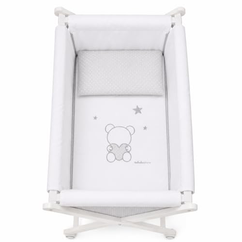 Miniatura 2 de Mibebestore Minicuna Tijera Madera Topos Gris, Incluye Textil Exterior Colchón Colcha Almohada