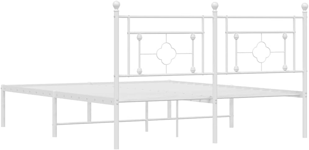 King Size Bed Frame White Powder-Coated Steel Platform Frame with Headboard Sturdy Heavy-Duty Slatted Foundation for Bedroom Mattress Support