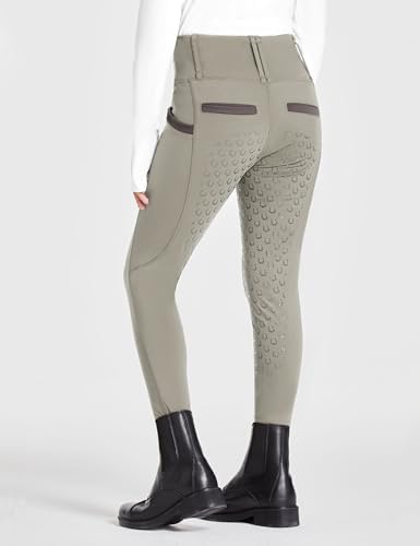 FitsT4 Sports Girls Full Seat Riding Tights High Waist Kids Equestrian Breeches Horse Schooling Pants Zipper Pockets Khaki Size L
