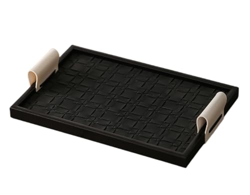WOLKKAM ハンドメイドレザー木製トレイ ジュエリー収納 デスクトップ装飾 部屋 ウォーターカップ アロマセラピー (ブラック,小さい)