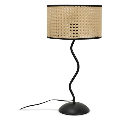 Black Metal Wavy Table Lamp with Cane Shade Cover