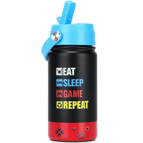 Image of Kids Insulated Water Bottle with Straw Lid, 14oz Double Wall Vacuum Stainless Steel Tumbler, Leak Proof Reusable Metal School Cup for Boys Girls, Keep Cold 24H Hot 12H (Blue-Red-EAT)