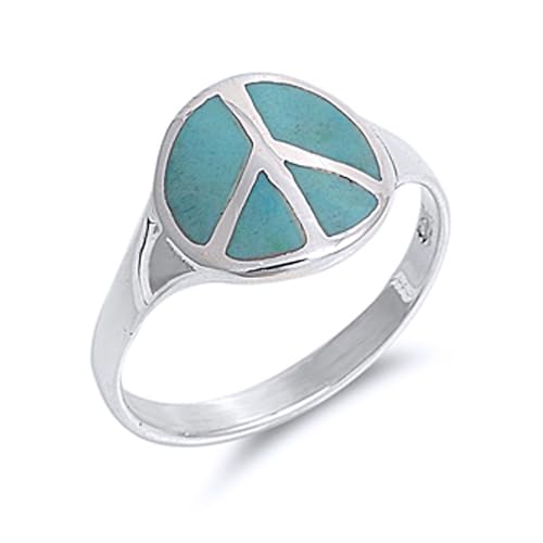 DoubleAccent Sterling Silver Simulated Turquoise Peace Sign Statement Ring 13mm (Size 4 to 10), 5