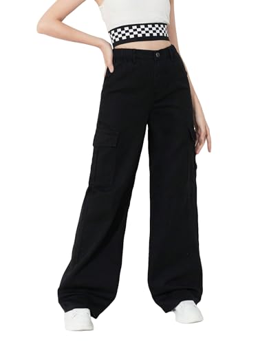 WDIRARA Calça jeans feminina com bolso lateral com aba e cintura alta perna reta cargo, Preto liso, 8 Years