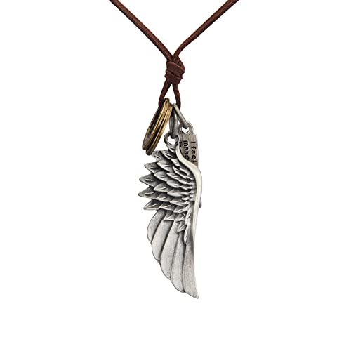 Popeoiuh Retro Style Angel Wings Pendant Necklace Unisex Sweater Necklace for Mens Womens with Adjustable Brown Leather Cord
