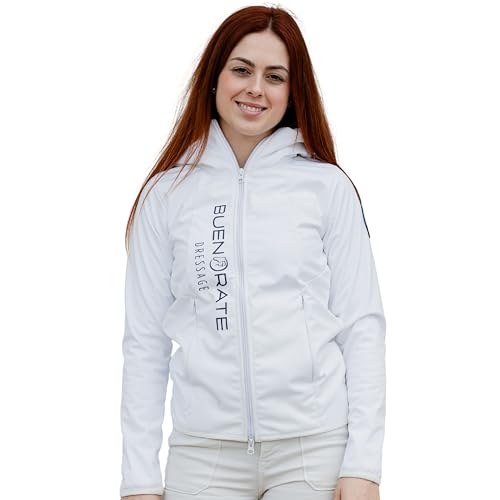 Sudaderas mujer con capucha y cremallera. Chaqueta técnica Softshell. Sudadera de equitación. Chaqueta deportiva mujer. Sudadera hipica.(FR/ES, Letras, XS, Regular, Regular, Blanco)