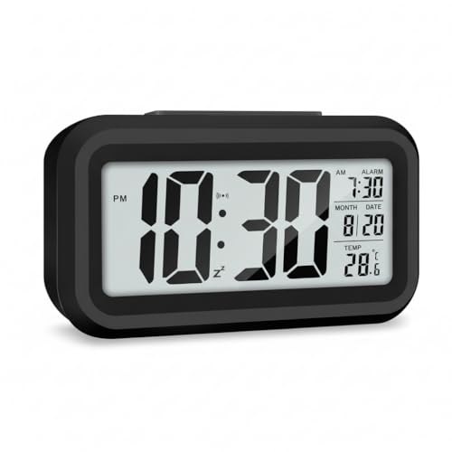 Image of Digital Alarm Clock with Auto Sensor LED Display with Date & Temperature Compact Bedside Table Clock for Bedroom, Students, Office & Home Decor (Black)