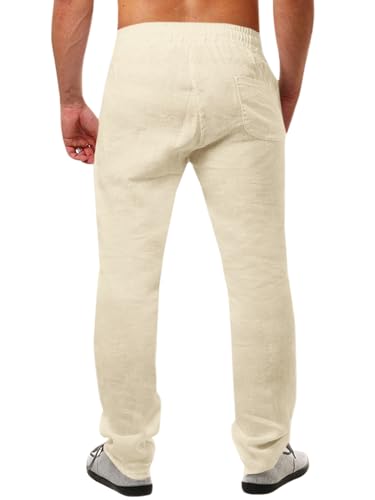 Runcati Herren Leinenhose Einfarbiges Lang Leicht Sommerhose Loose Fit Freizeithose mit Kordelzug für Urlaub Strand Beige XXL
