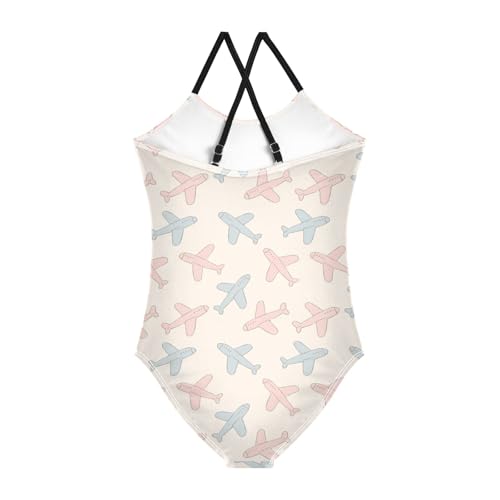 senya Girls Swimsuits One-Piece Swimwear Tie Bathing Suit Beach Summer Round Neck 5-6T Cartoon Airplane Pattern2