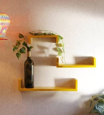 Image of DECORVISTA Wooden Handcrafted Wall Shelf Beautiful Floating Wall Racks Shelves Living & Bed Room Decor U Shaped Set of 3 (Multi) (Yellow)