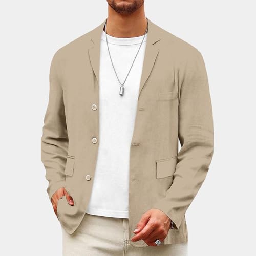 Mens Cotton Linen Blazers Lightweight Button Down Notched Lapel Sport Coats Button Down Work Office Suit Jacket2
