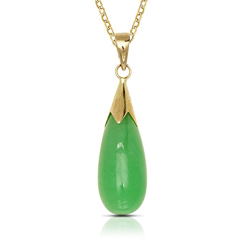 14k Yellow Gold Green Jade Teardrop Dangle Pendant Necklace (5mm x 26mm)(3-lengths) (18-inch-chain)