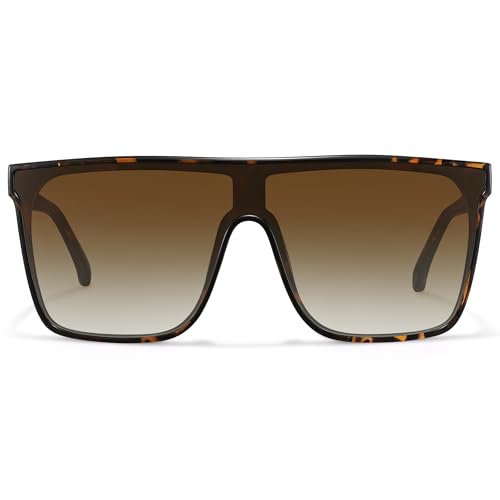 Fozono Trendy Square Oversized Sunglasses for Women Men Retro Flat Top Shield Sun Glasses UV Protection Once Piece Lens Tortoise Frame/Brown Lens