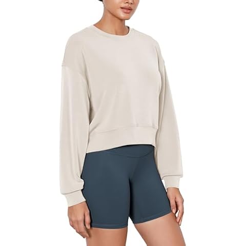 ODODOS Modal Soft Long Sleeve Cropped Sweatshirts for Women Oversized Crew Neck Pullover Crop Top, Ivory, Medium Cover
