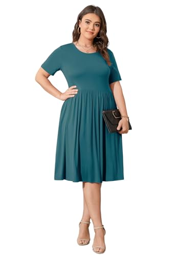 Image of POSESHE Womens Plus Size Summer Dress 2026 Casual Short Sleeve Empire Waist Loose Fit Swing T-Shirt Dress with Pockets