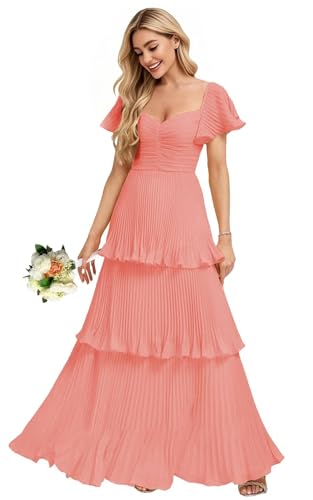 Women's Pleated Tiered Chiffon Bridesmaid Dresses Long Short Sleeve Formal Evening Party Dress with Pocket HO067