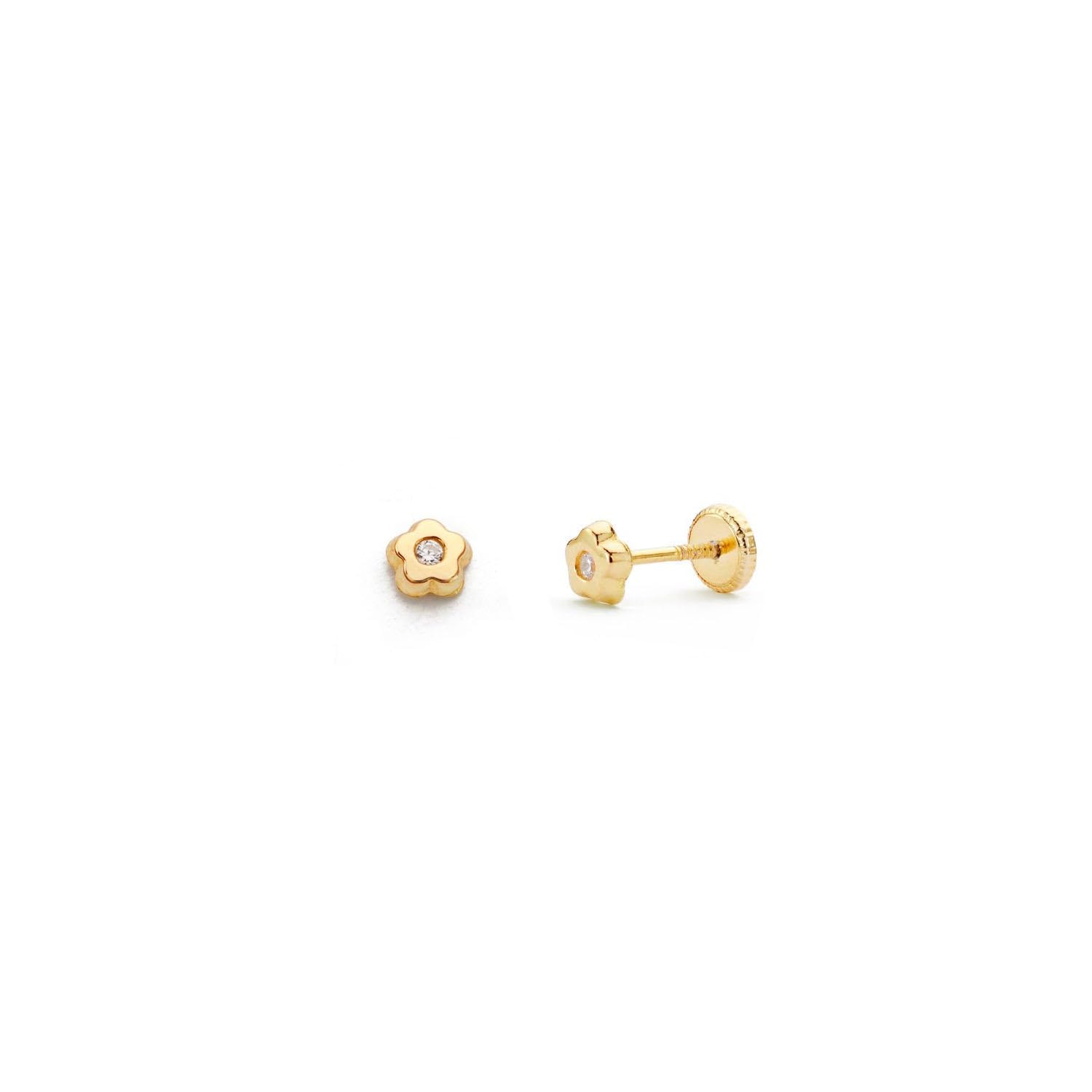 Pendientes Bebe Oro Amarillo 9K Flor Margarita Circonita Brillo - Certificado Garantía - Mondepetit - 1811