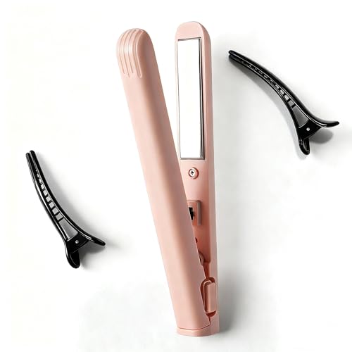 XWLEYW Mini Hair Straightener for Women Men, 2-in-1 Portable Short Hair Straightener & Curler, Small Dual Purpose Hair Curling Iron and Straighteners, Travel Size (Pink)