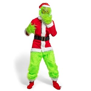 Claofoc Disfraz de Grinch de 7 piezas para adultos y hombres, traje de Papá Noel, disfraz de Navidad, cosplay, disfraz con máscara Grinch, guantes, sombrero, pantalones, calcetines (L)