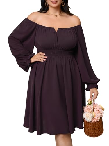 Womens Plus Size Cocktail Dress Fall Off Shoulder Long Sleeve Square Neck Smocked Waist Flowy A Line Short Dress