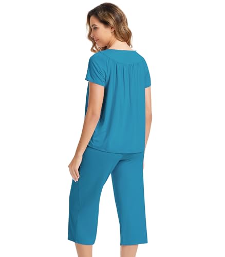 Image of NACHILA Pajamas for Women-Viscose Made from Bamboo, Short Sleeve Sleepwear Soft Capri Pants Pajama Set Pleated Loungewear
