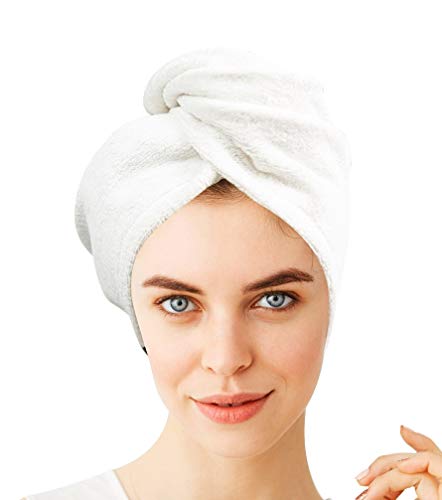 KEEPOZ Hair Towel Wrap Quick Dry 100% Cotton Super Absorbent Turban Head Wrap for Women with Button, Anti Frizz Hair Products, Hair Cap for Curly, Long & Thick Hair (1Pc)(White)