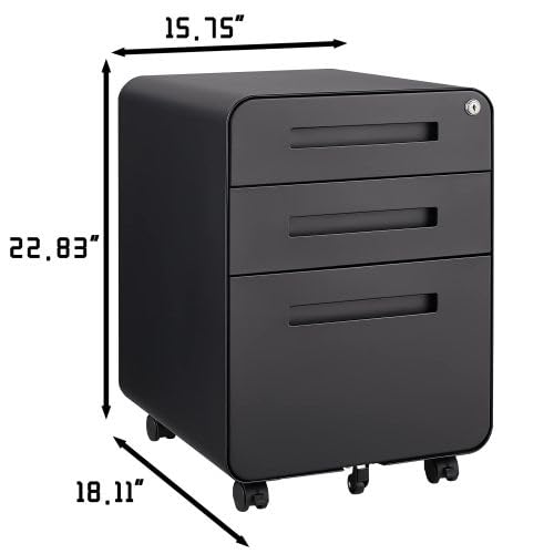 Cassettiera con serratura a 3 cassetti - Armadietto portatile in metallo con 5 ruote di sicurezza e cartella sospesa regolabile in altezza, colore nero