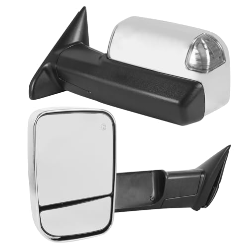 JDMSPEED Pair Tow Side Mirror Compatible with 2009-2018 Dodge Ram 1500 2500 3500 2019-2024 Ram 1500 Classic Manual Flip Fold with Heated Puddle Light LED Turn Signal Chrome