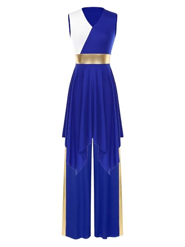 Riismen Traje De Baile De Alabanza para Mujeres Sin Mangas Vestido De Superposición Asimétrica De Bloques De Color con Pantalones De Pierna Ancha Azul XXL