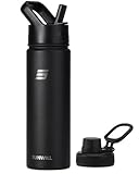 SUNWILL Metal Water Bottle with Straw 22 oz, Stainless Steel Insulated Flask for Cold and Hot Drink, Travel, Sports, Gym, Powder Coated Black