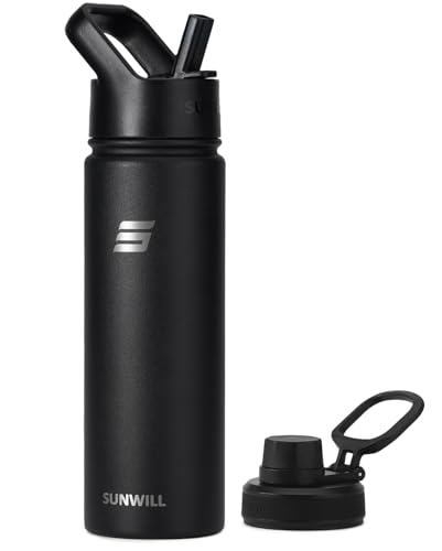 SUNWILL Stainless Steel Water Bottle with Straw, 650ml Insulated Leakproof Thermal Flask for Hot and Cold Beverages, Travel, Sports, Gym, Black