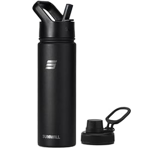 SUNWILL Metal Water Bottle with Straw Stainless Steel, 650ml Insulated Leakproof Thermal Flask for Cold and Hot Drink, Travel, Sports, Gym, Black