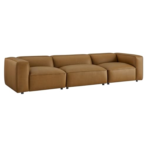 Image of Modway Auren Vegan Leather 3 Piece Modular Sofa in Camel - Faux Leather 3 Seater Couch - Comfy Mid Century Modern PU Leather Sofa for Living Room, Apartment, Loft